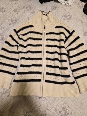 Striped Cream and Black Women's Knit Sweater With Zipper